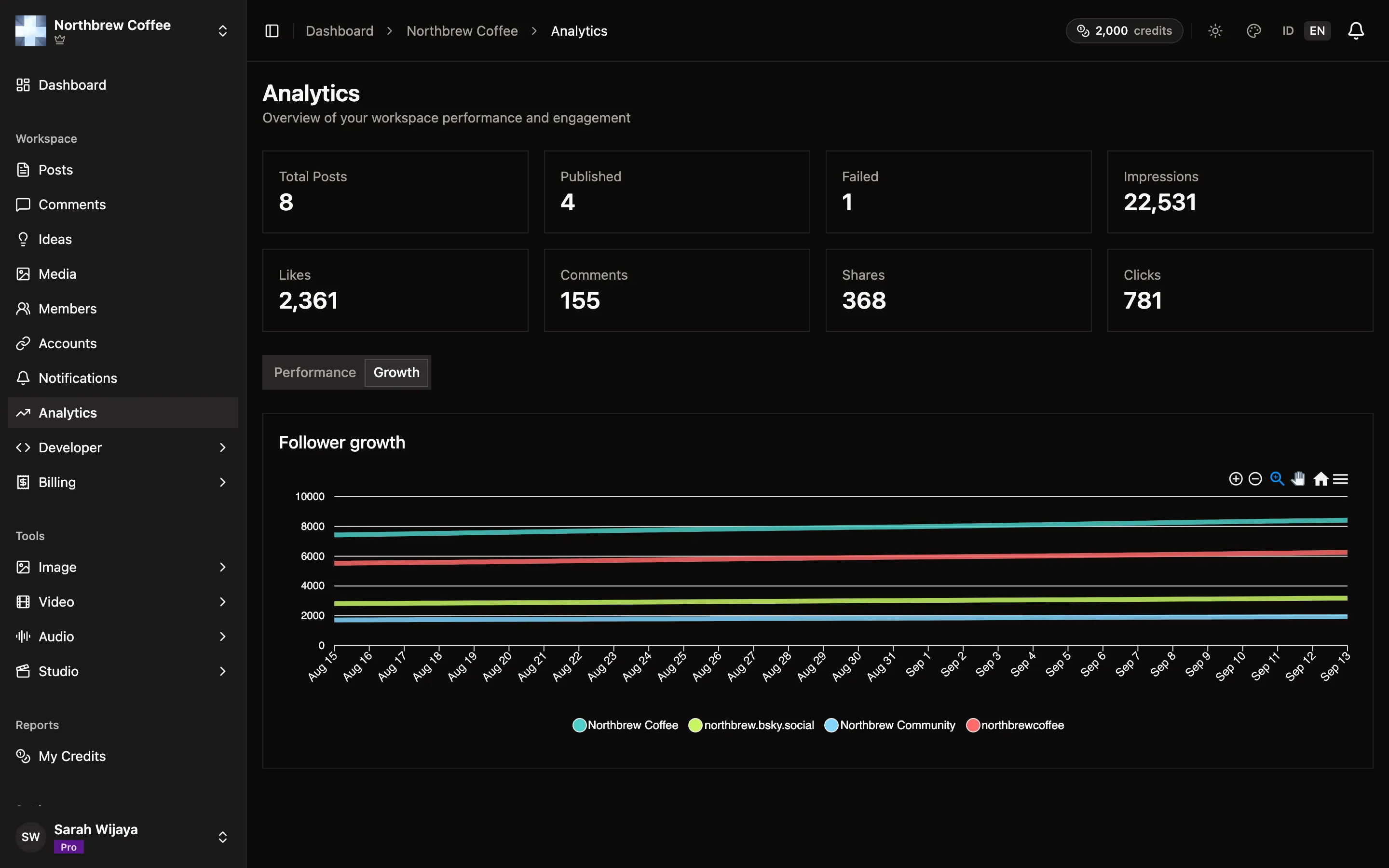 The Growth tab, showing a follower growth line for each connected account.