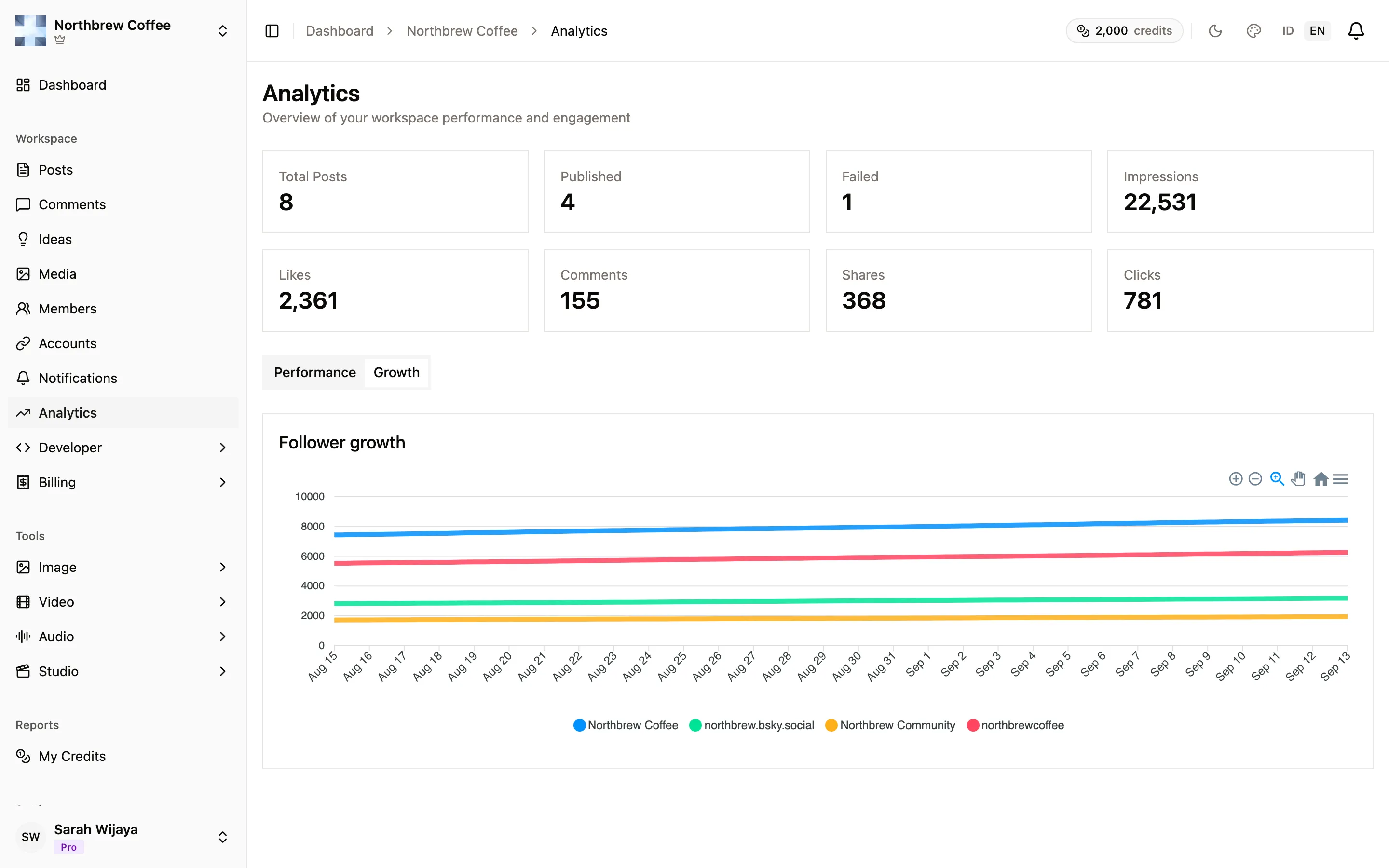 The Growth tab, showing a follower growth line for each connected account.