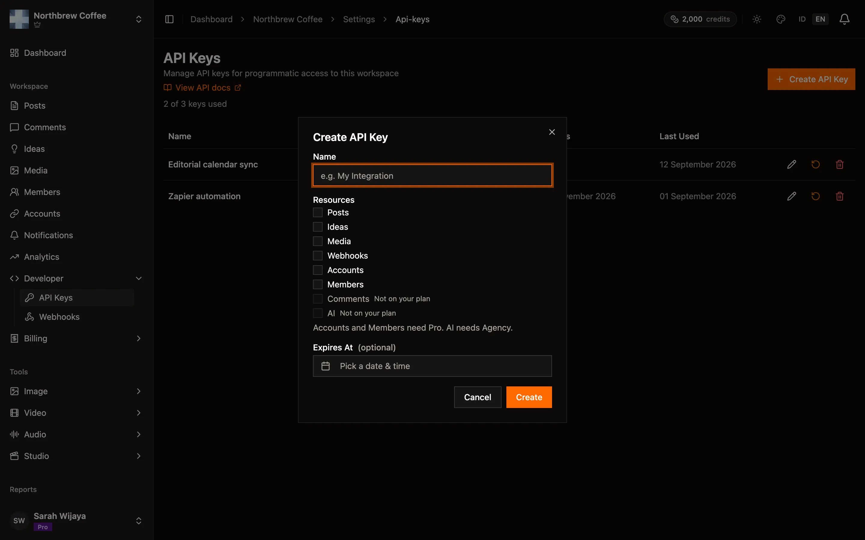 The Create API Key dialog with a name field, resource checkboxes, and an optional expiry date.