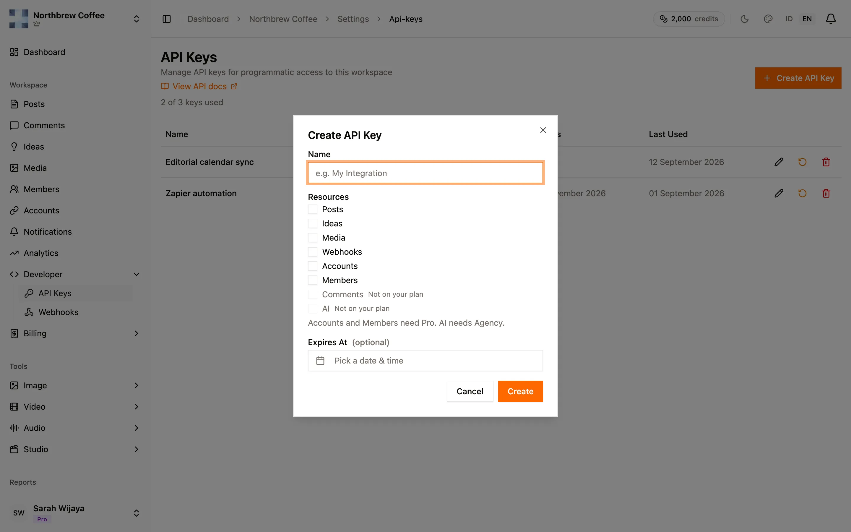 The Create API Key dialog with a name field, resource checkboxes, and an optional expiry date.