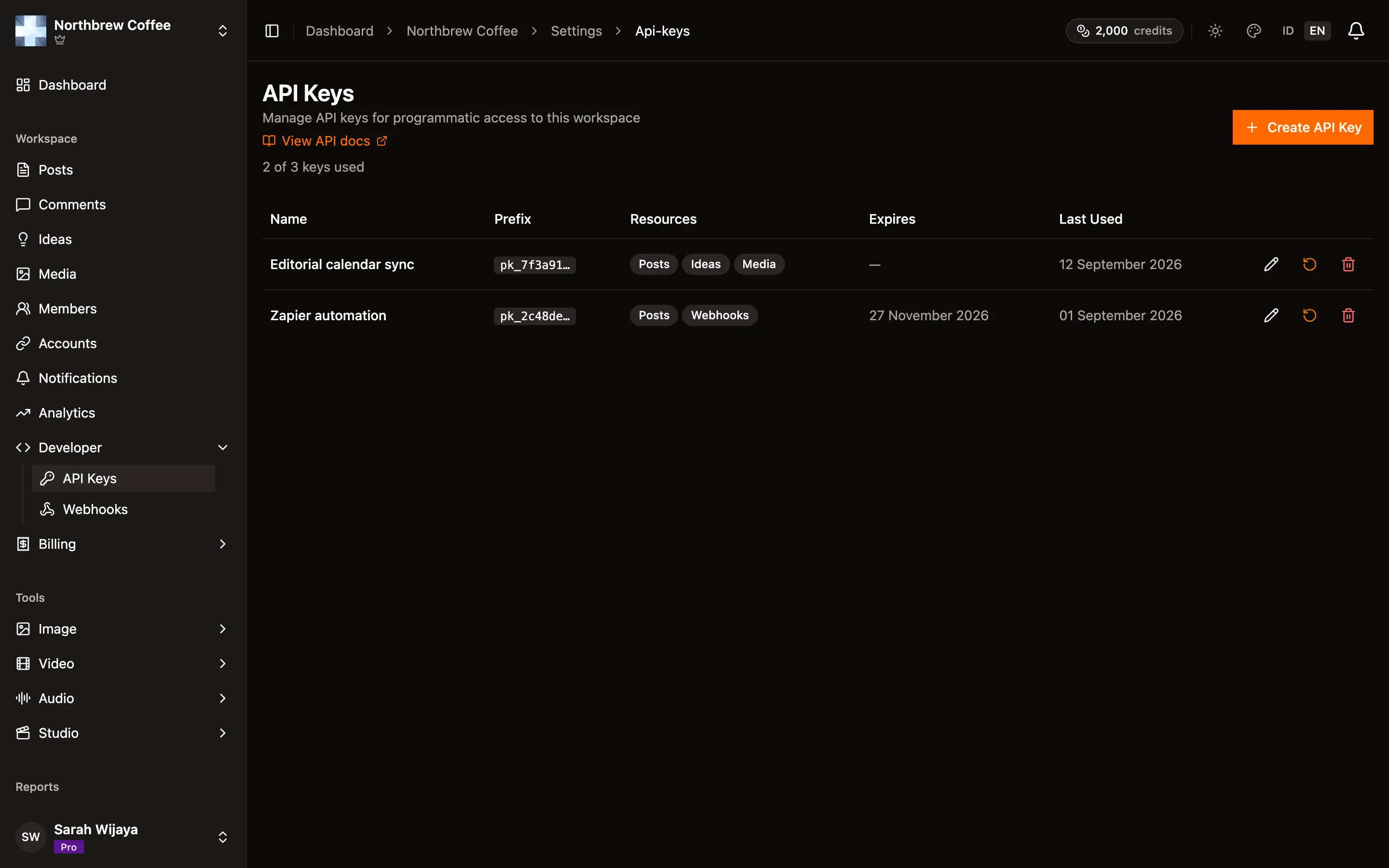 The API Keys page listing two keys with their prefix, scopes, expiry and last used date.