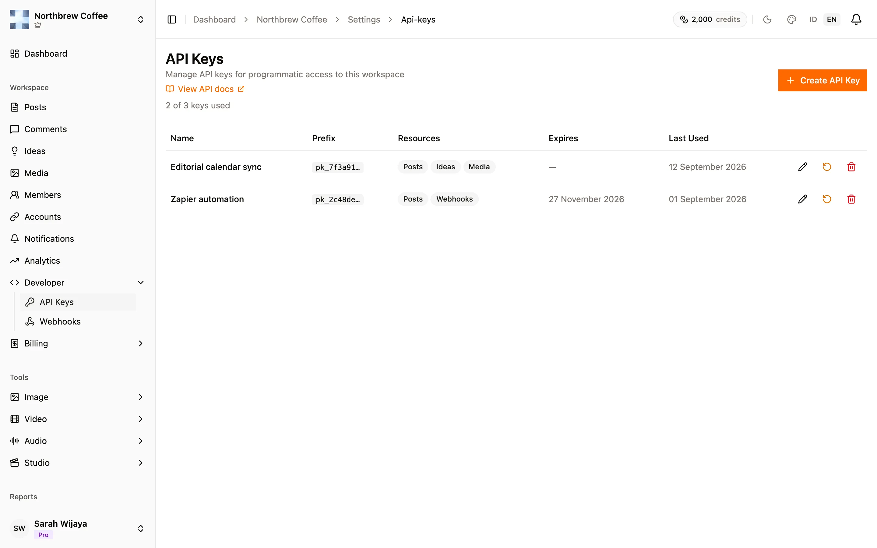 The API Keys page listing two keys with their prefix, scopes, expiry and last used date.