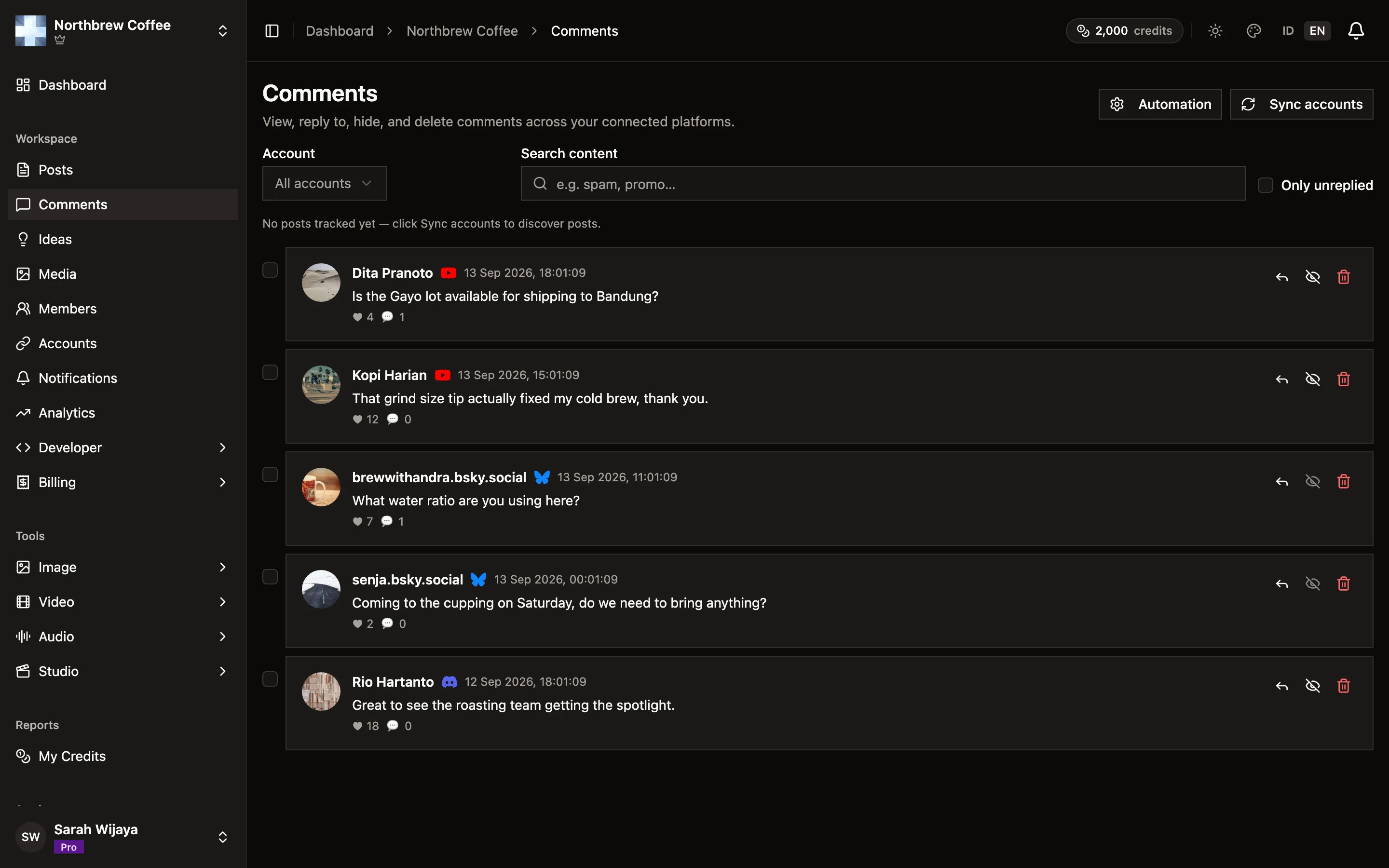 The Comments page listing recent comments from the connected accounts.