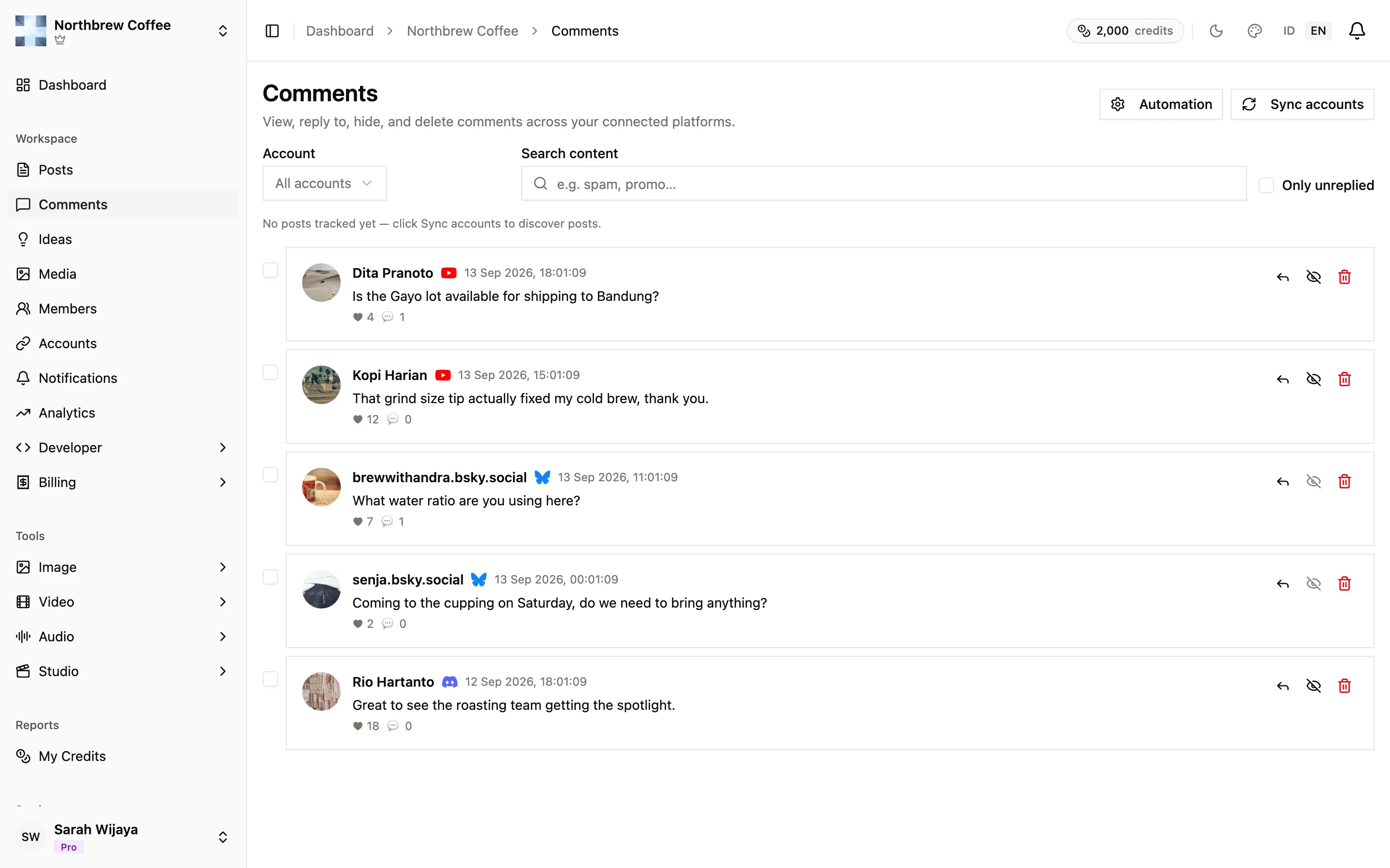 The Comments page listing recent comments from the connected accounts.