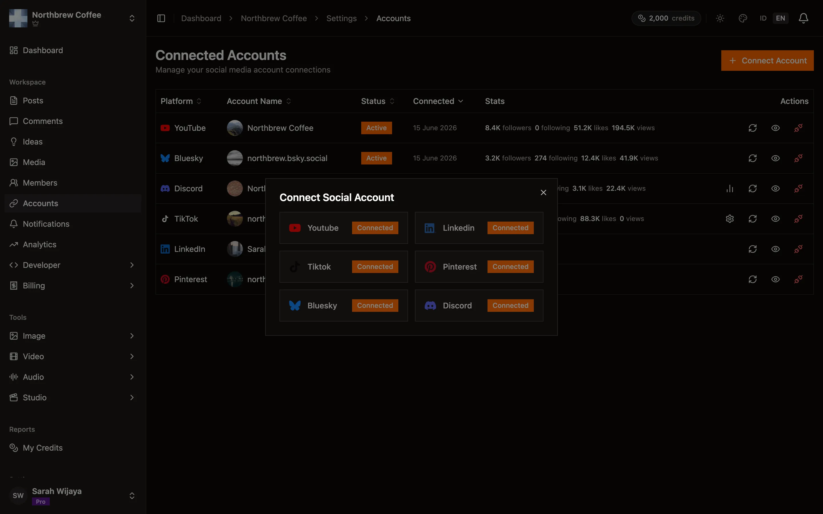 The Connect Account dialog listing the platforms you can link.