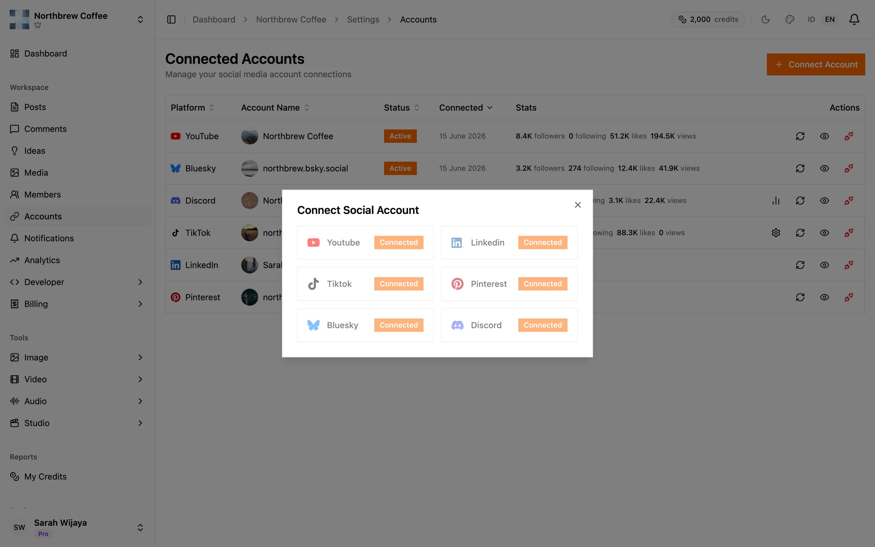 The Connect Account dialog listing the platforms you can link.