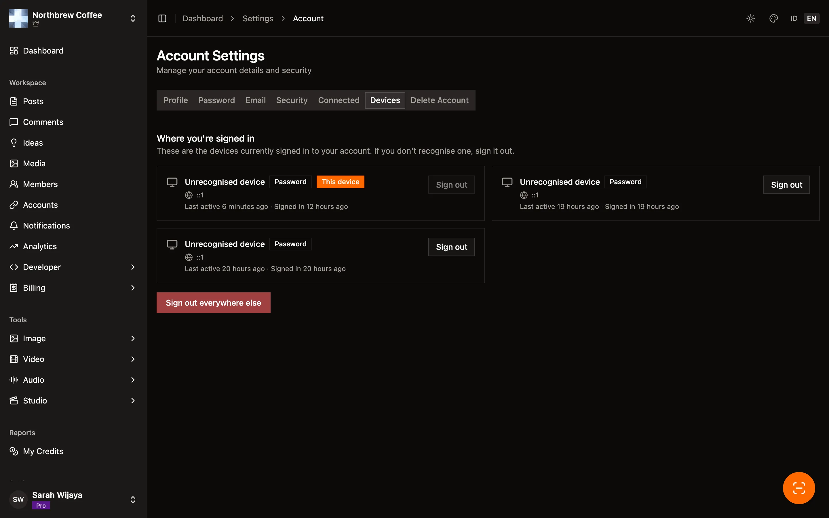 The Devices tab listing active sessions with their browser, sign-in method, IP address, and last activity.