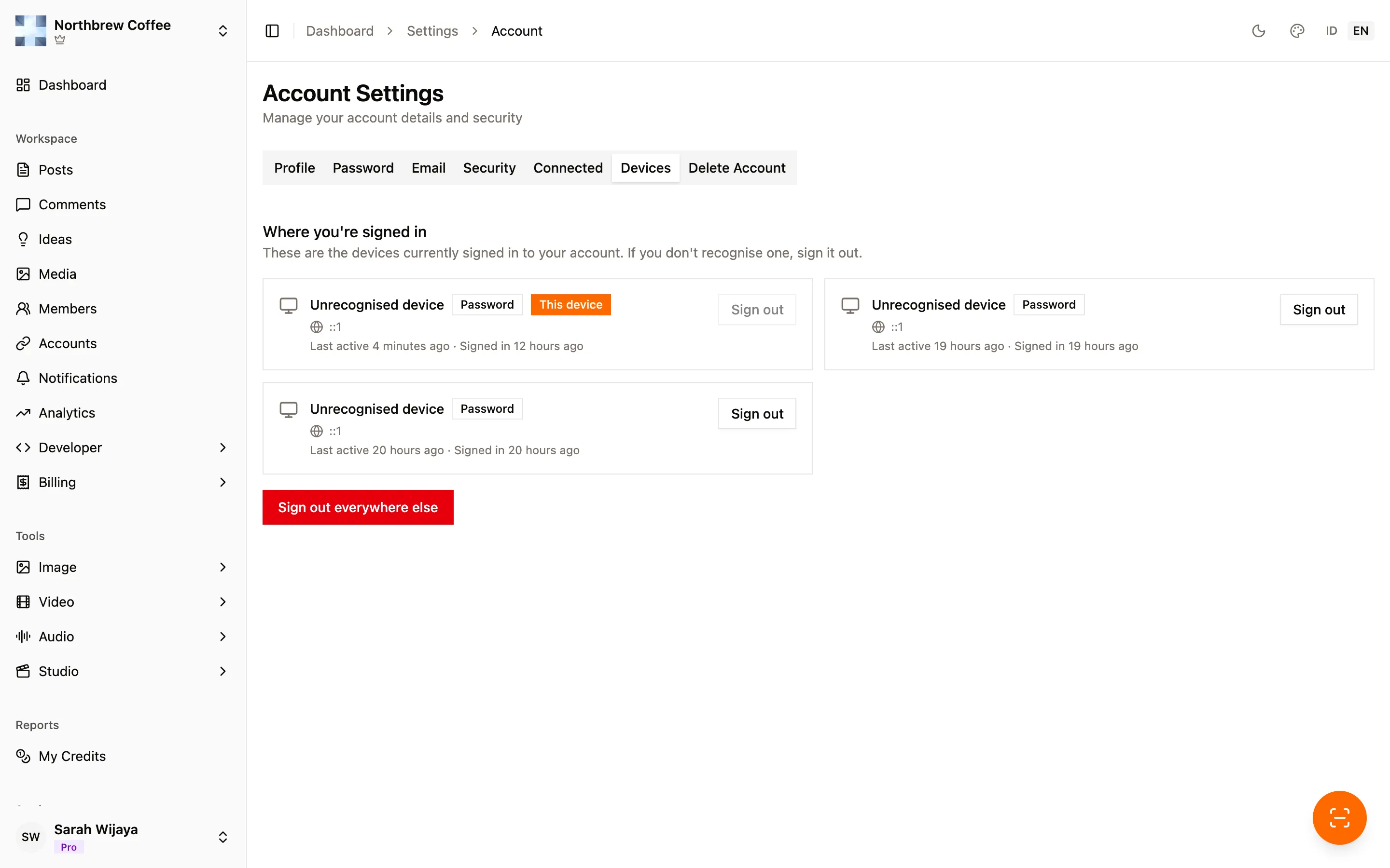 The Devices tab listing active sessions with their browser, sign-in method, IP address, and last activity.
