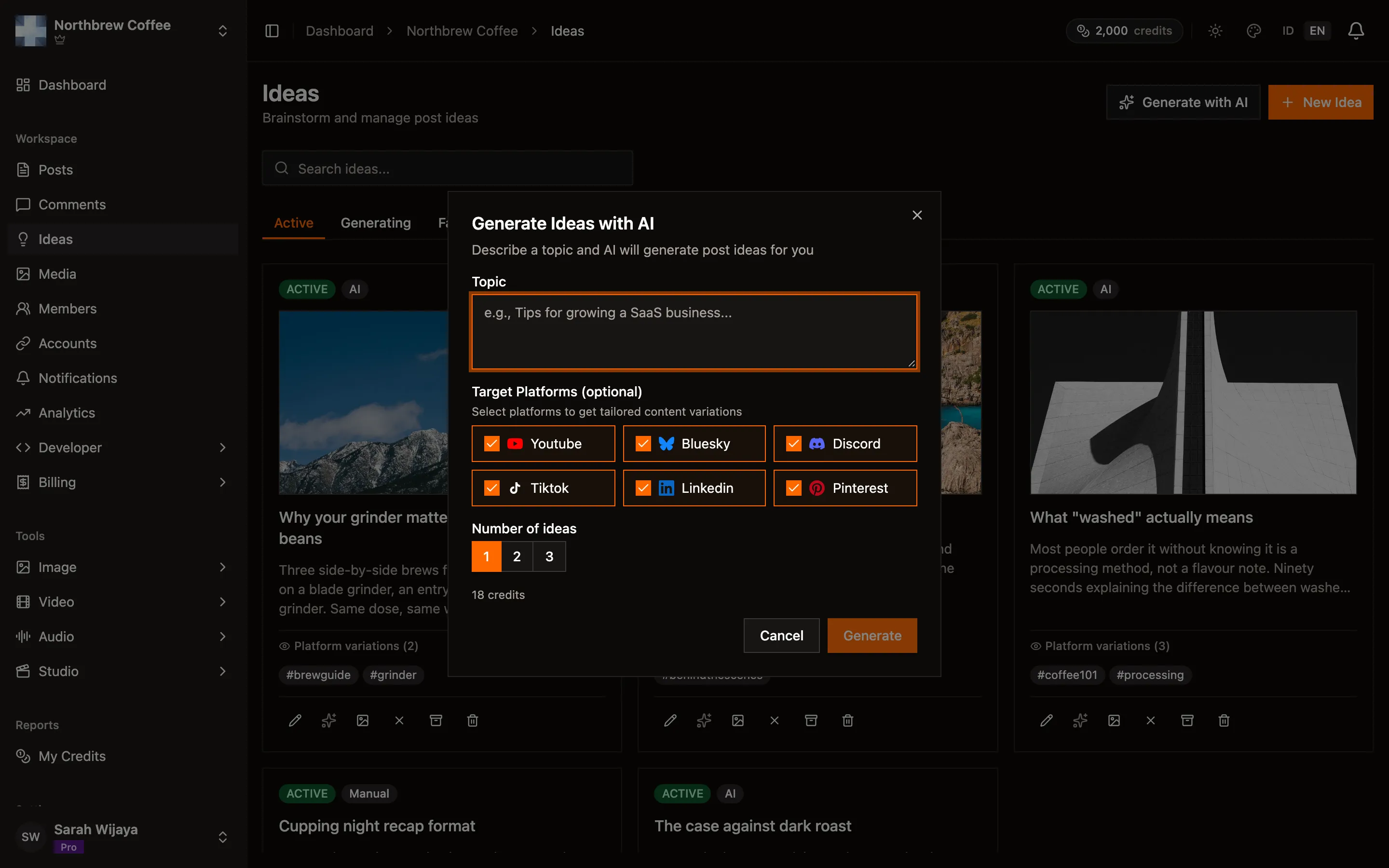 The generate ideas dialog with a topic field, platform checkboxes, and a count selector.