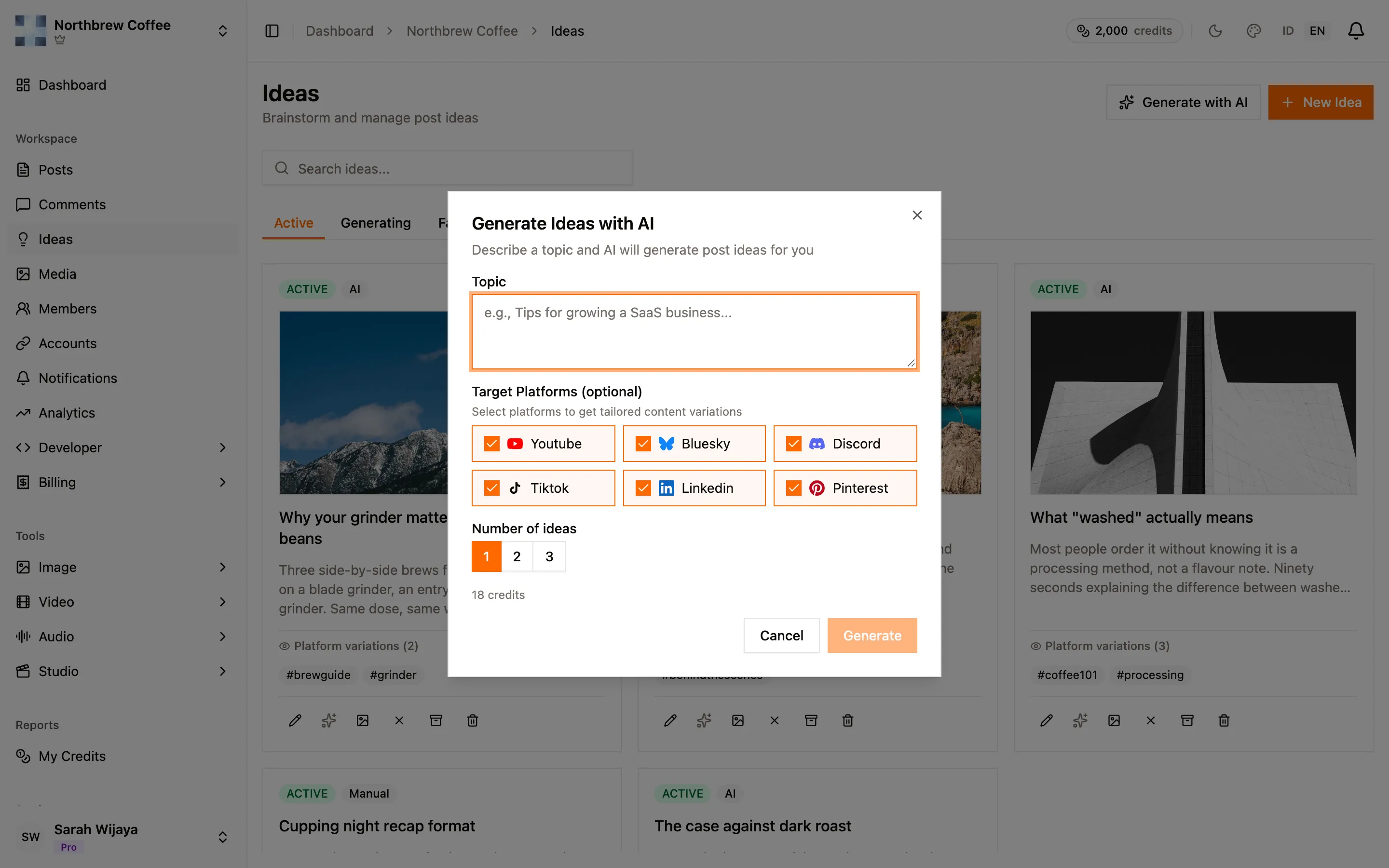 The generate ideas dialog with a topic field, platform checkboxes, and a count selector.