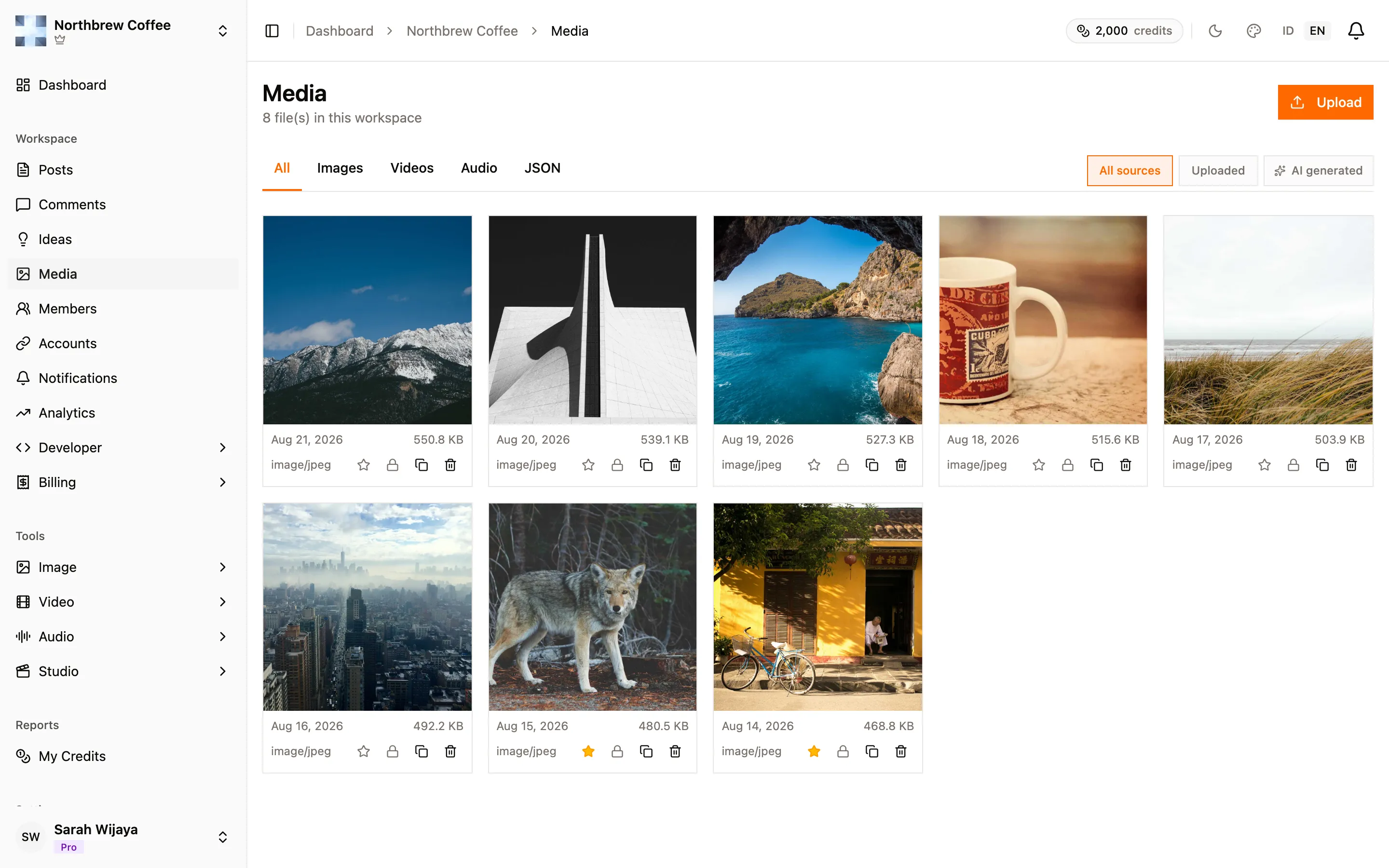 The workspace media library, a grid of images with type tabs, source filters, and per-file actions.