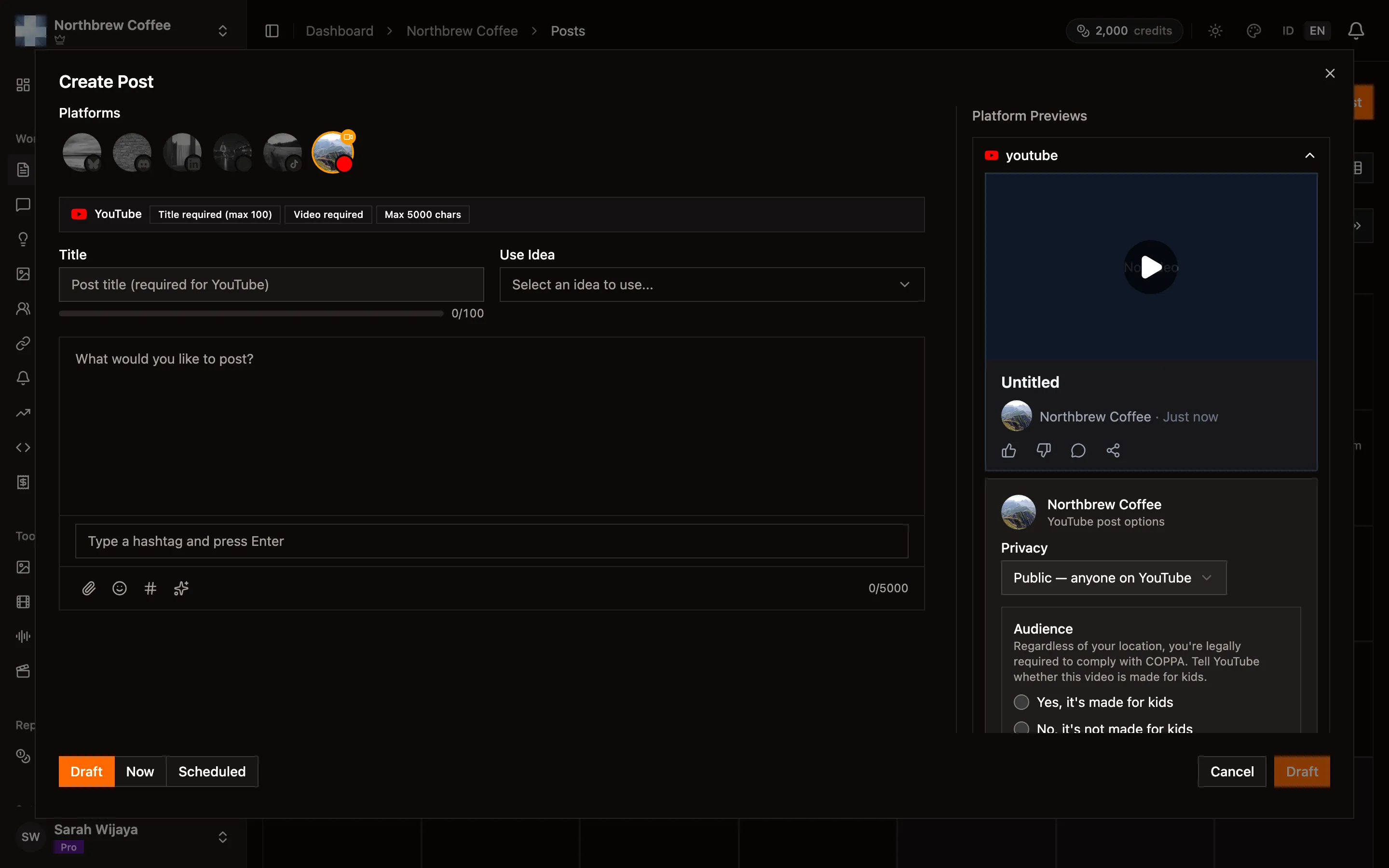 The post composer, with platform avatars along the top, the shared caption on the left, and a YouTube preview on the right.