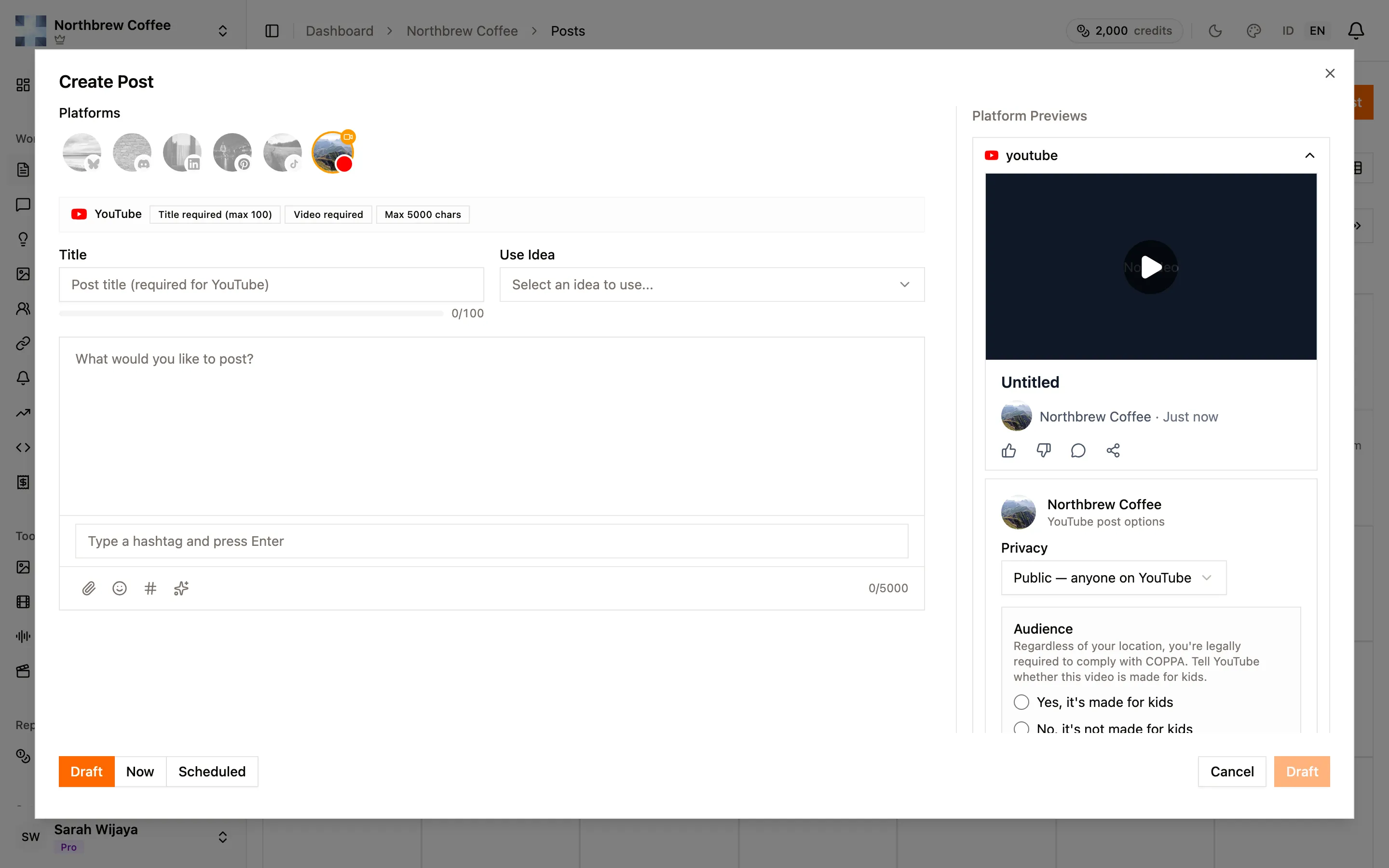 The post composer, with platform avatars along the top, the shared caption on the left, and a YouTube preview on the right.