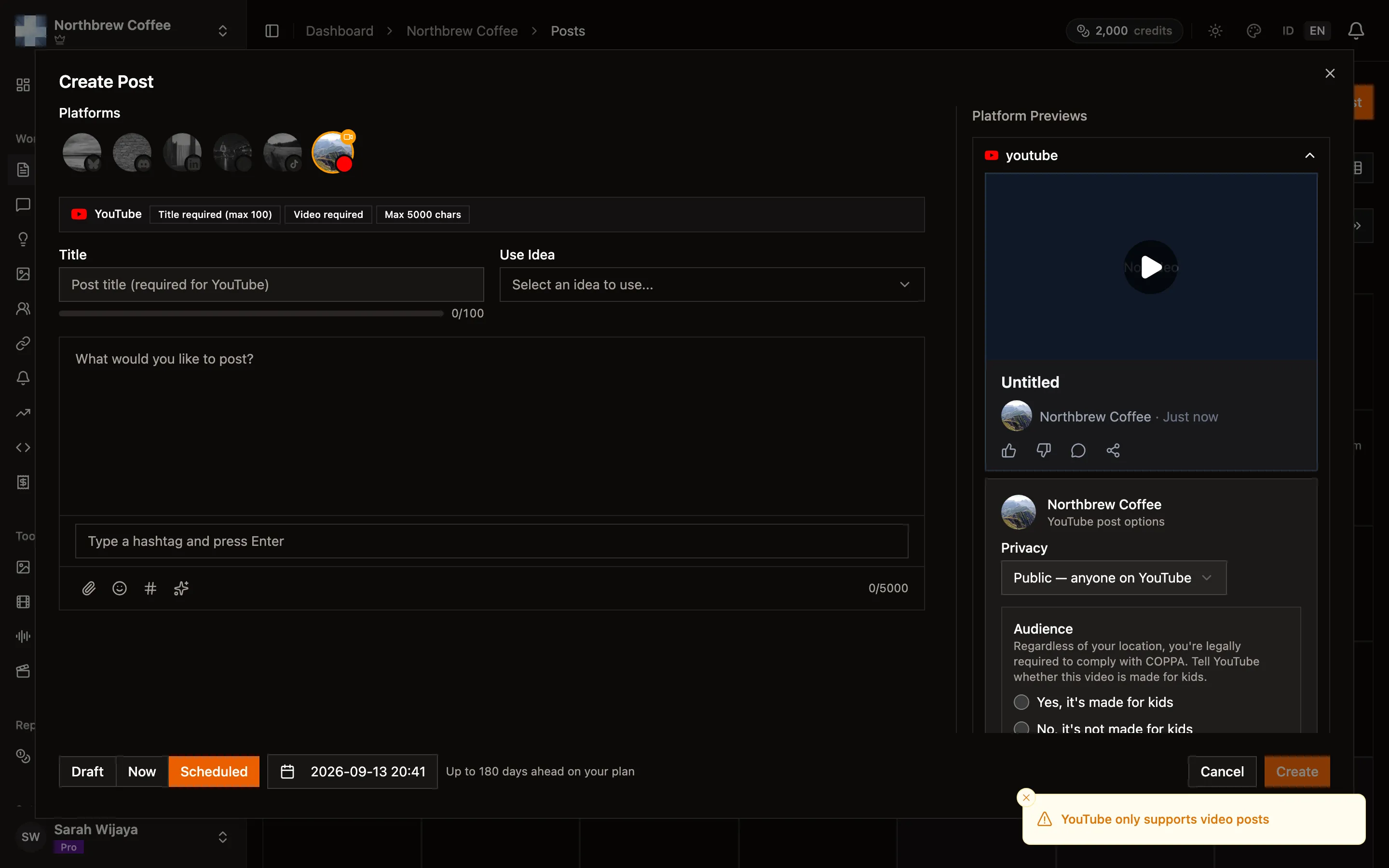 The composer footer with Scheduled selected, showing the date picker and the plan's scheduling horizon.