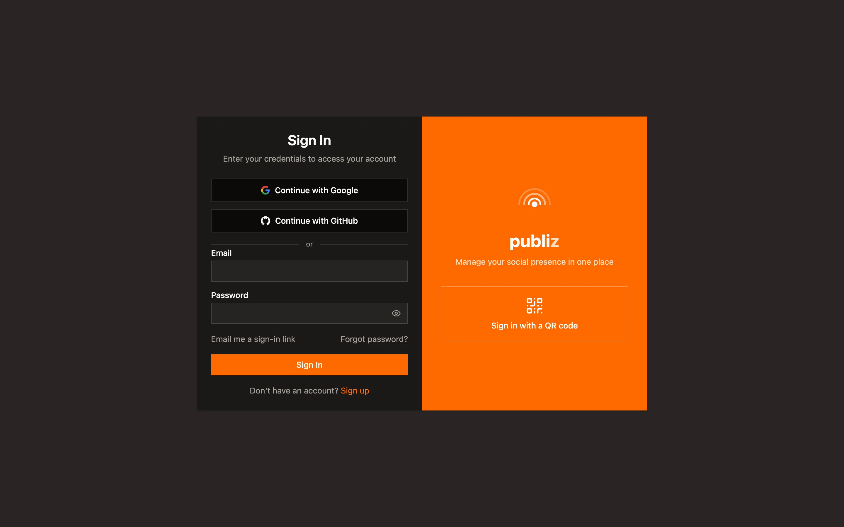 Halaman masuk Publiz dengan tombol login sosial, form email dan password, serta tautan magic link dan QR.