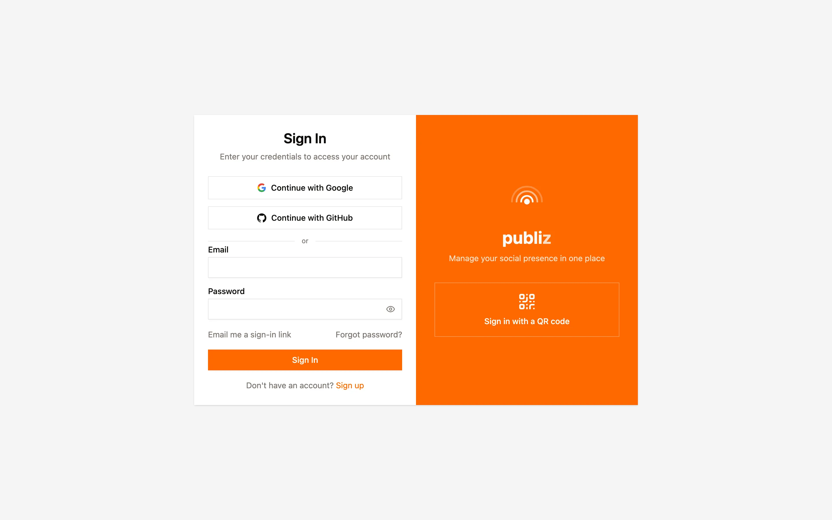 Halaman masuk Publiz dengan tombol login sosial, form email dan password, serta tautan magic link dan QR.