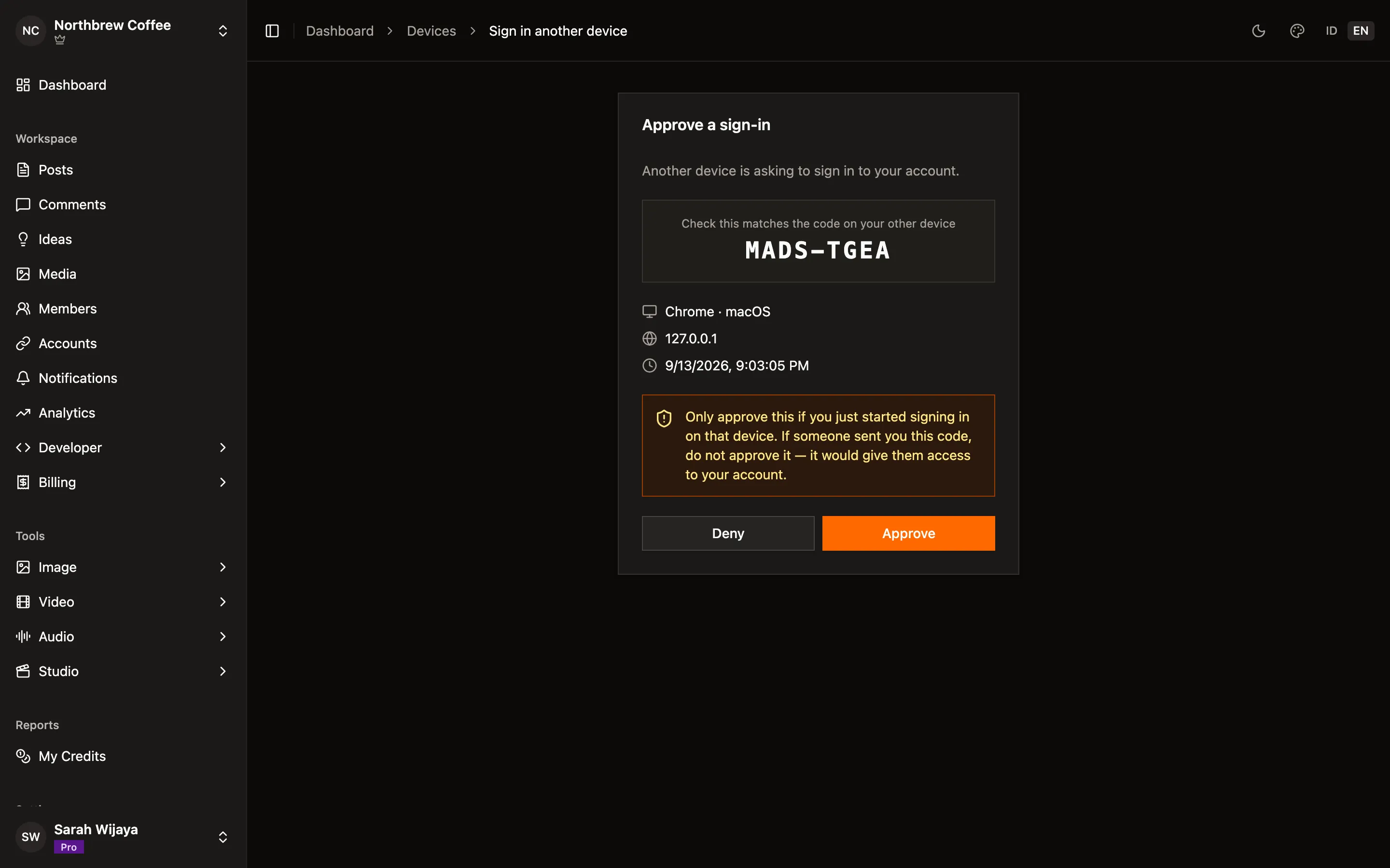 The approval screen showing the requesting browser and IP address with an Approve button.
