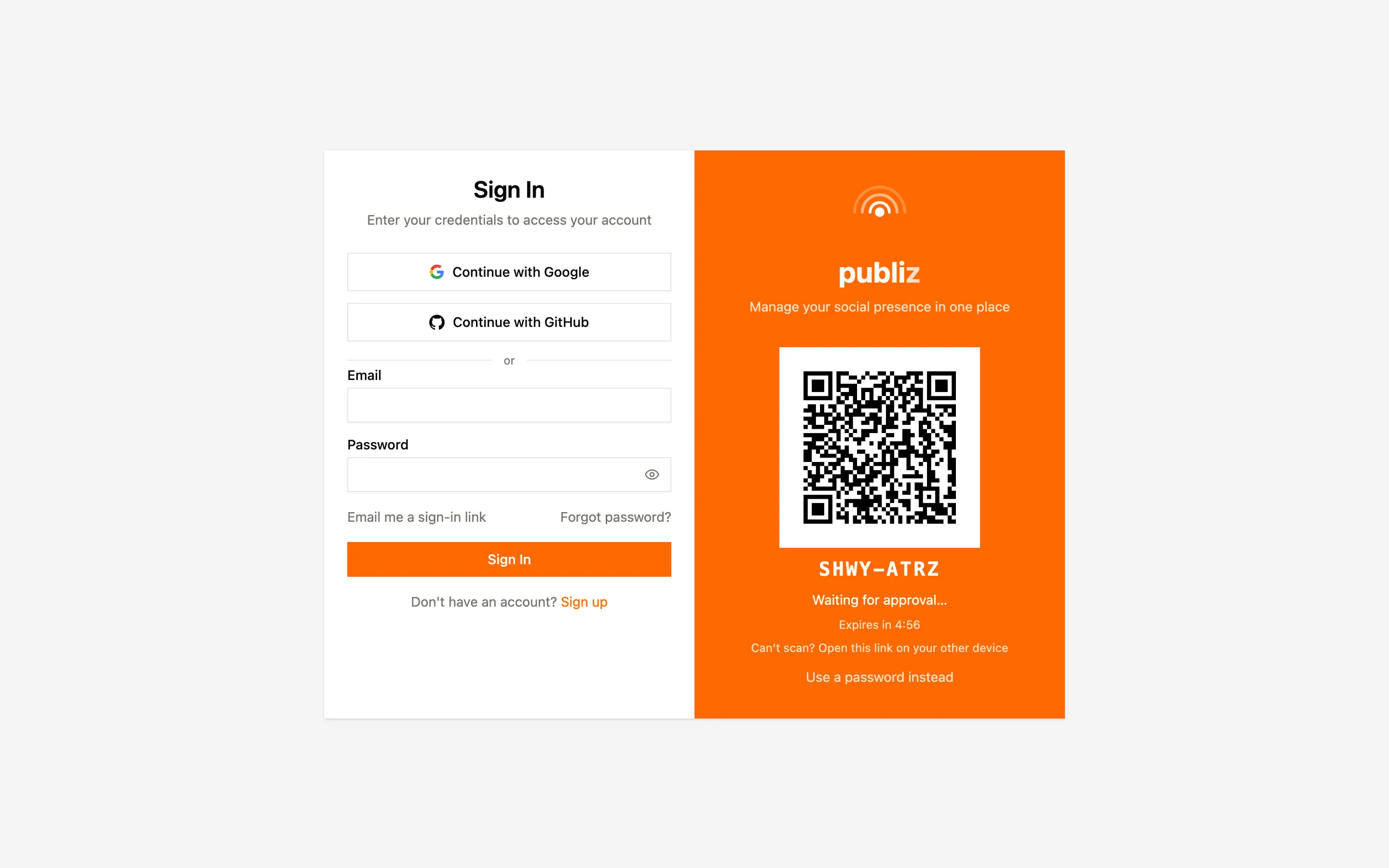 The QR sign-in screen showing a QR code, the matching short code, and a countdown.